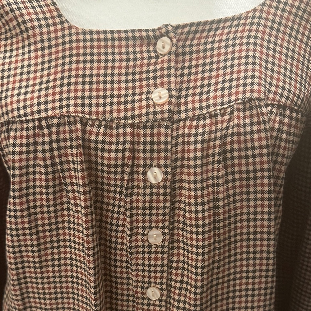 Checked Button-Front Peasant Blouse - Brown Check - image 2